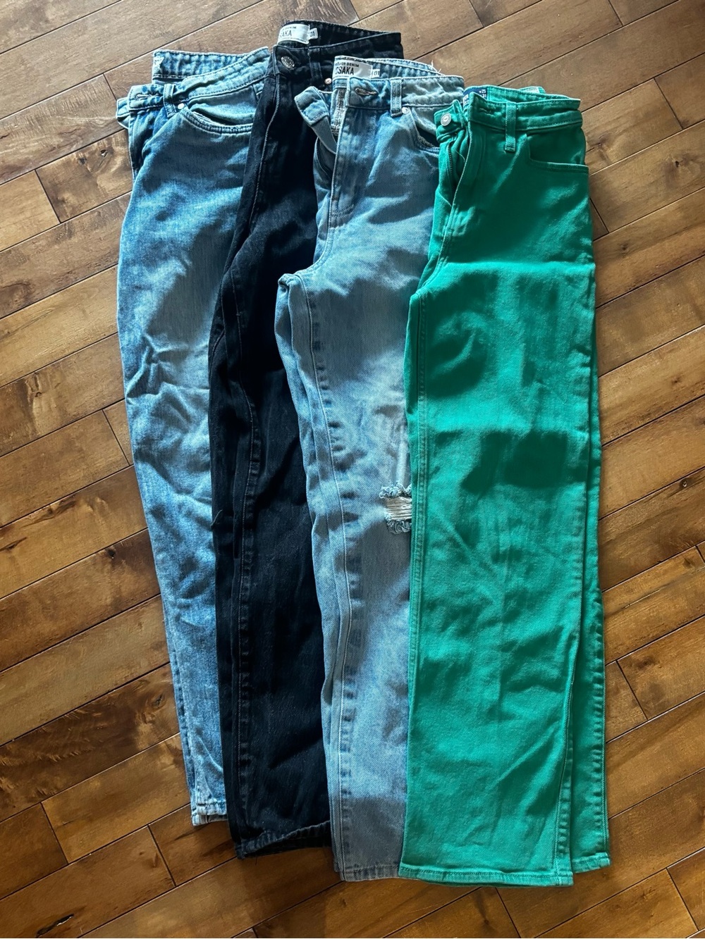 Hollister Wide Leg Jeans in Teal, and UP Jeans inLight Blue, Black, Washed Denim
